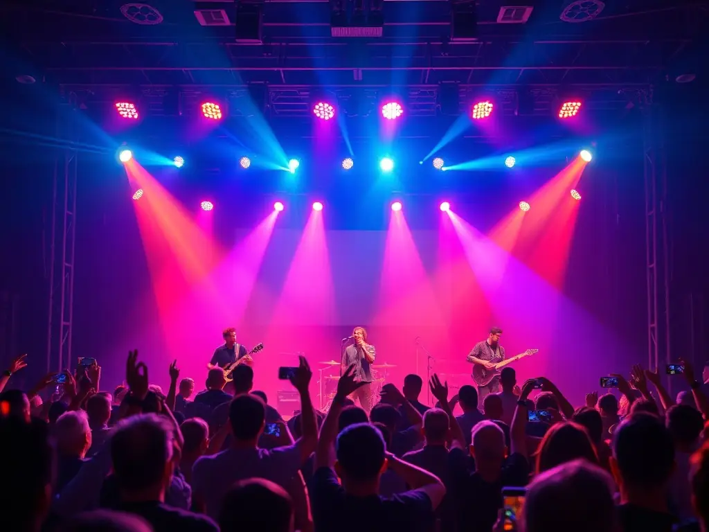A dynamic image of a CIE Richard Martin concert, featuring musicians on stage performing for an enthusiastic audience in a lively venue.