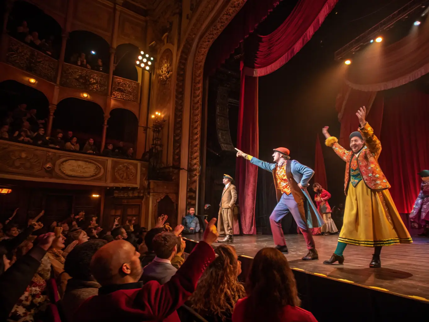 A vibrant photograph capturing a scene from a recent theatrical performance by CIE Richard Martin, showcasing actors in costume on stage with dynamic lighting and set design.