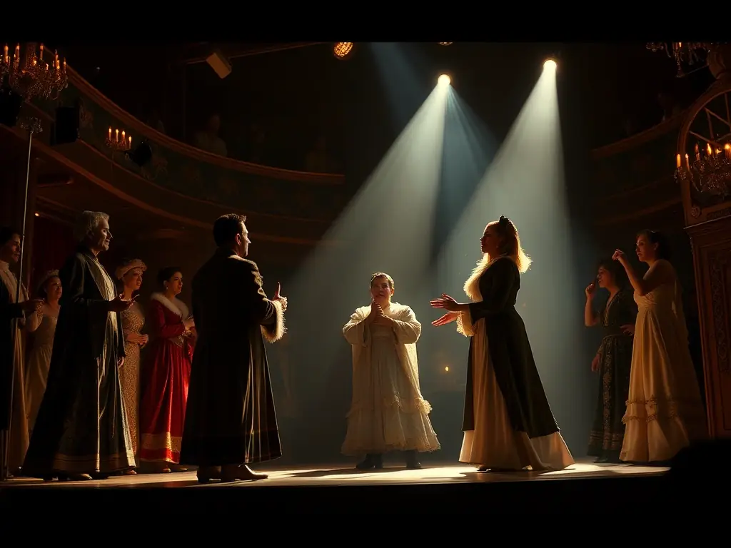 A photograph capturing a dynamic theatrical performance with actors in costume on stage, showcasing the energy and artistry of CIE Richard Martin's productions.