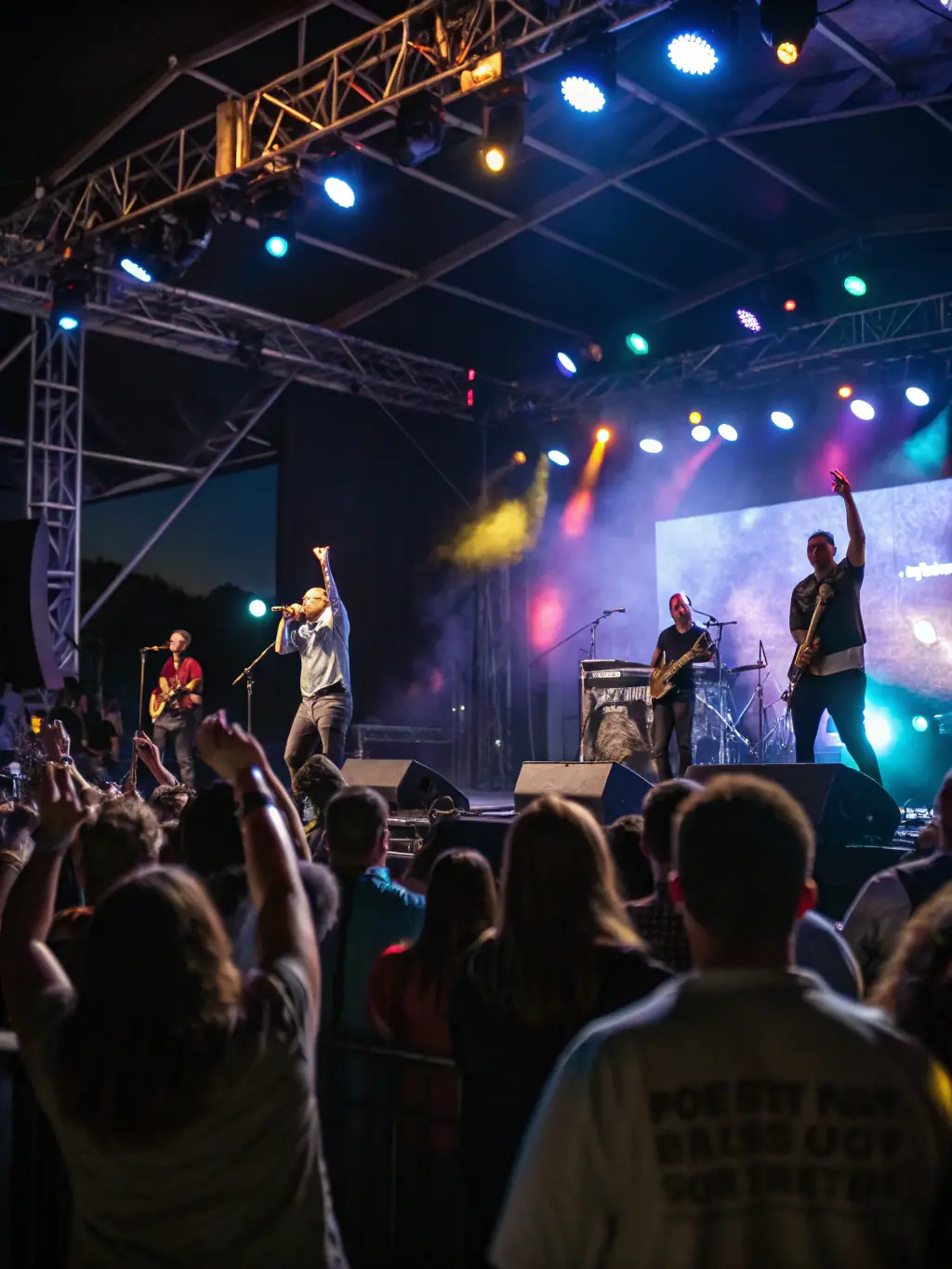 A dynamic image of a live concert organized by CIE Richard Martin, featuring a band performing on stage with a lively audience enjoying the music.