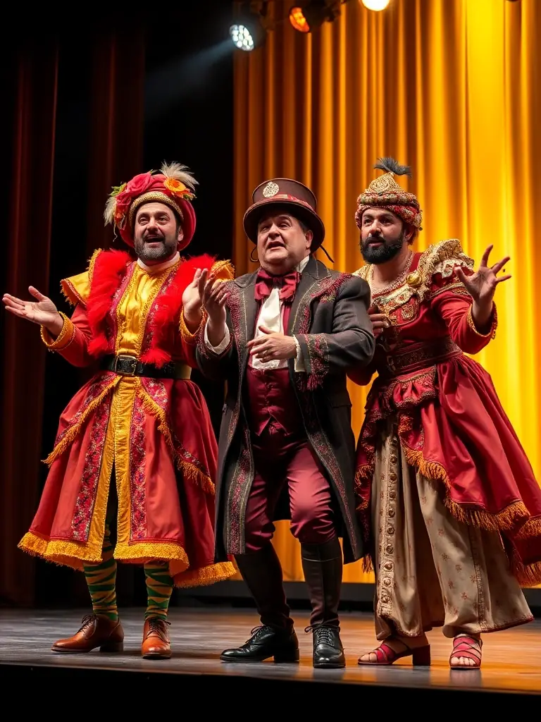 A vibrant photograph capturing a scene from a recent theatrical performance by CIE Richard Martin, showcasing actors in costume on stage with dynamic lighting and set design.